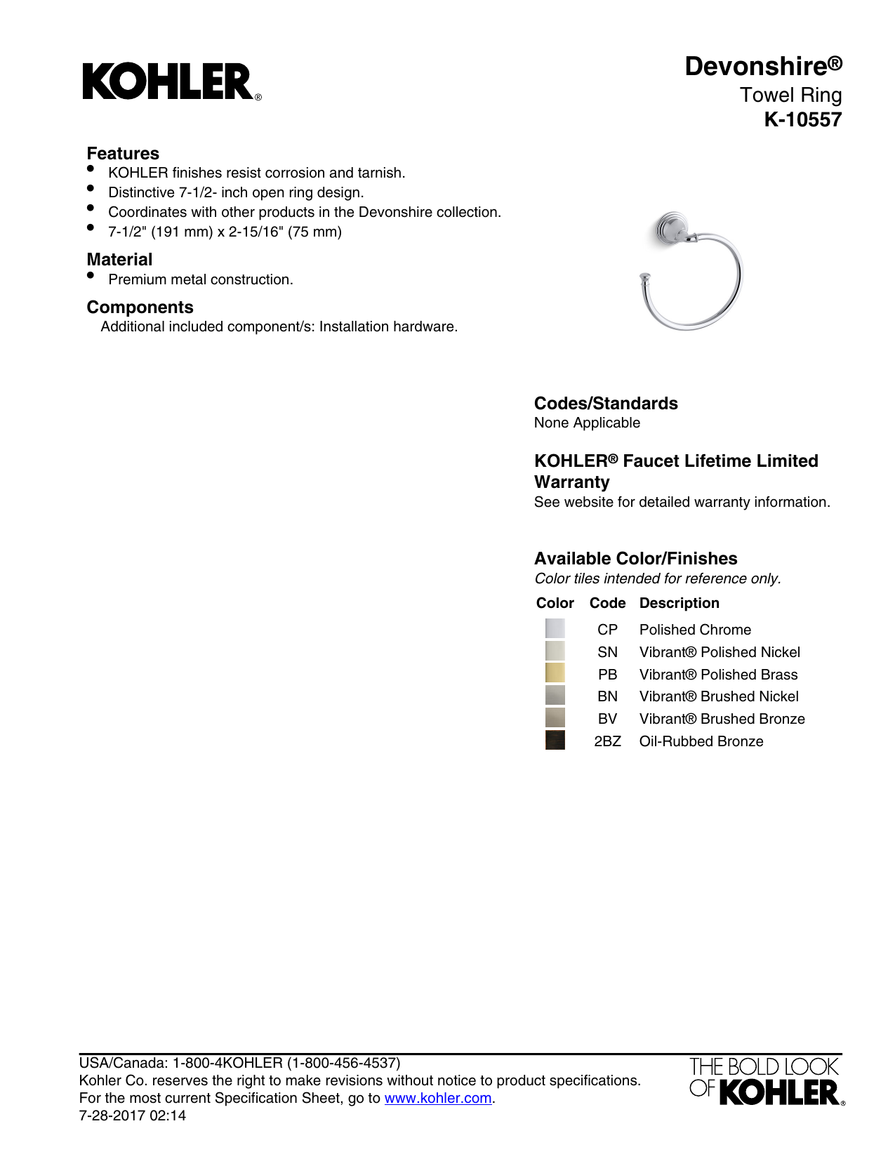 KOHLER K-10557-SN Devonshire Bathroom Towel Ring Vibrant Polished Nickel