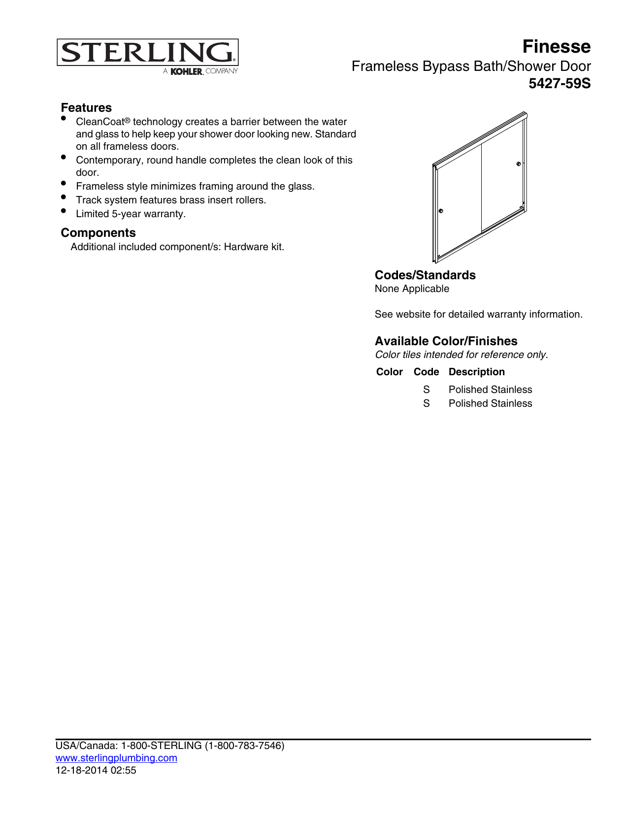 Sterling 5427 59s G05 Finesse 55 4375 In H X 54 625 In To 59 625 In W Frameless Bypass Sliding Silver Shower Door Dimensions Guide Manualzz