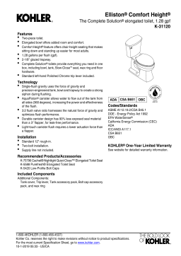 KOHLER K-31120-0 Elliston White WaterSense Elongated Comfort Height 2-Piece Vitreous China Toilet 12-in Rough-In Size Dimensions Guide