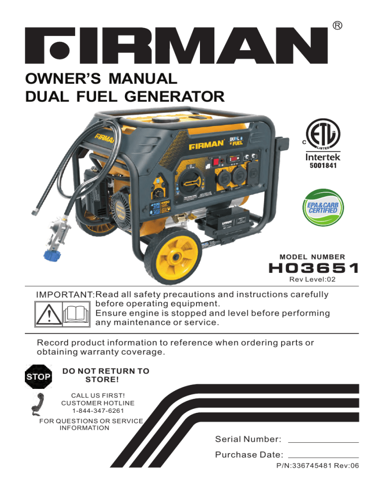 Firman Dual Fuel Generator Manual