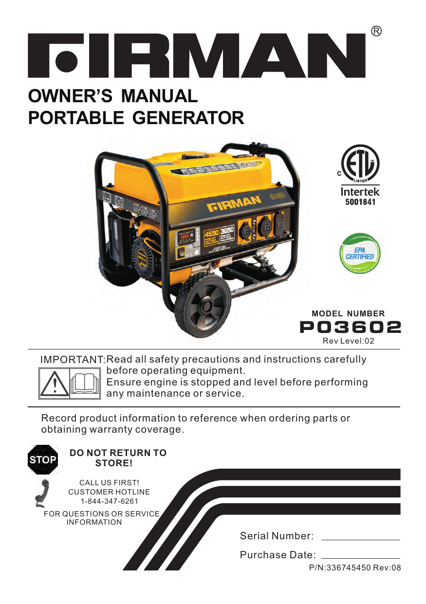 Firman P03602 Performance Series 4550Watt Gasoline Portable Generator