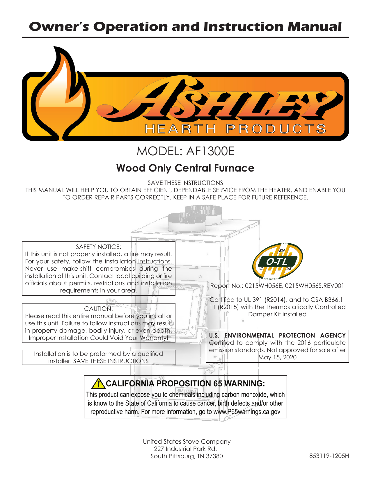 Ashley Hearth Products AF1300E 2000 Sq. Ft. EPA Certified Wood Burning Warm  Air Furnace Use and Care Guide | Manualzz