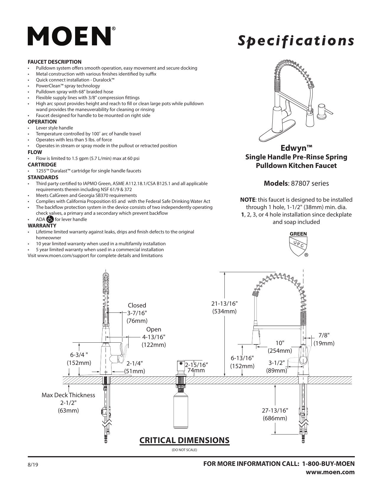 Moen 87807SRS Edwyn Spot Resist Stainless 1Handle Deck Mount PullDown