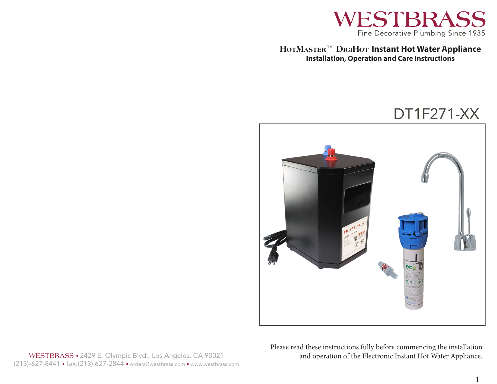 Manual de usuario del dispensador instantáneo de agua caliente WESTBRASS  DT1F271