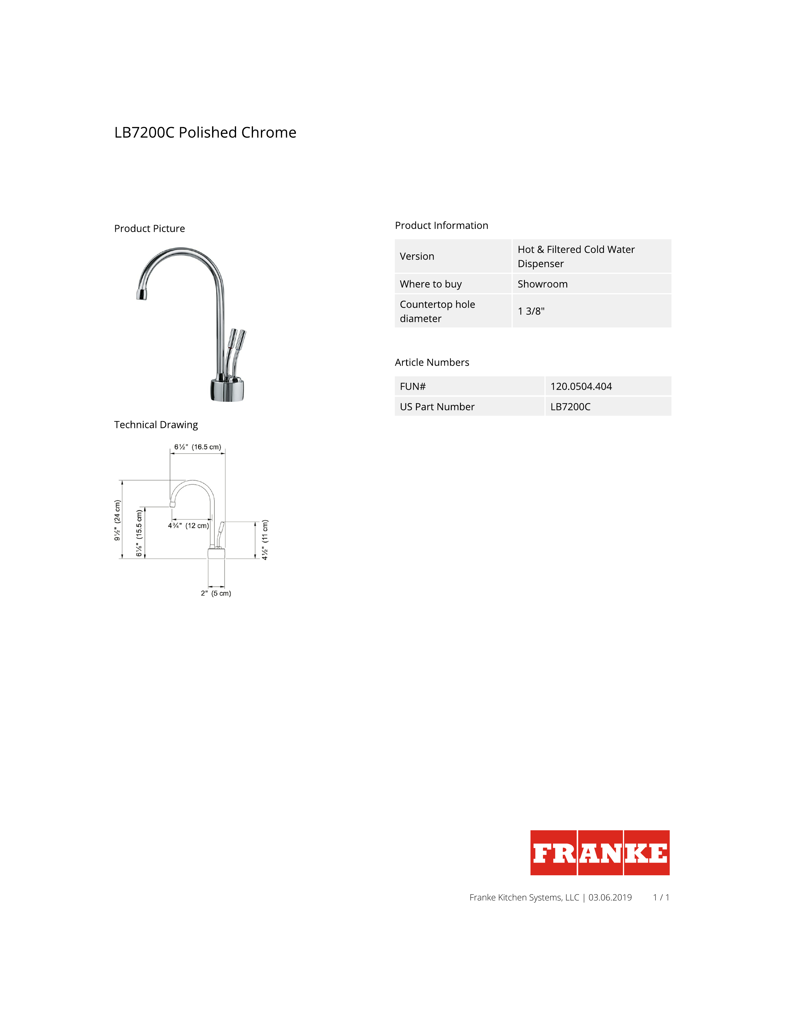 Franke LB7200C Ambient Hot and Cold Water Dispenser Faucet Dimensions