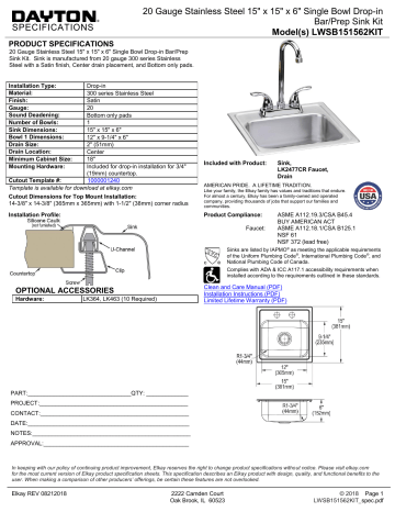 Dayton Lwsb151562kit 15 In X 15 In Satin Single Bowl Drop In 2 Hole Residential Kitchen Sink All In One Kit Dimensions Guide Manualzz