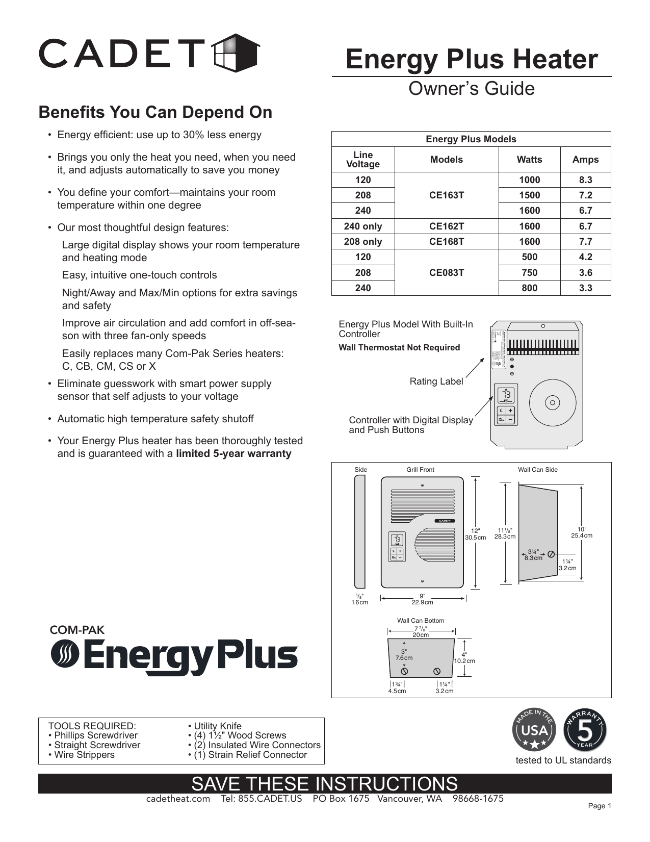 Cadet CEC163TW EnergyPlus 1600-Watt 120/240-Volt Fan Heater Operating Guide  | Manualzz