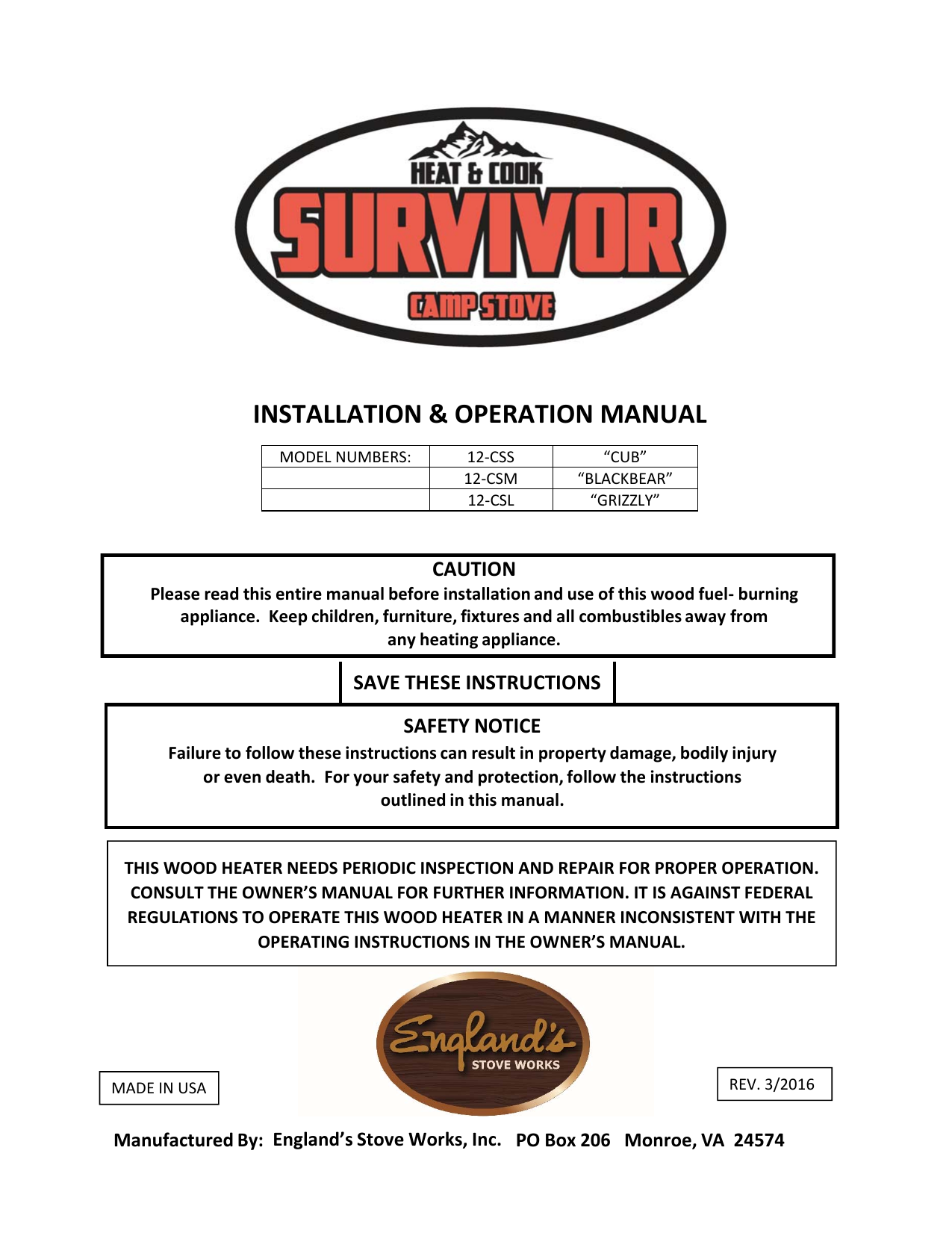England S Stove Works 12 Css Survivor 19 375 In Wood Manual Ignition Satin Black Outdoor Stove Use And Care Guide Manualzz