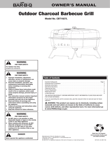 Mr Bar B Q Cbt1927l Portable Charcoal Grill 206 Sq In Black Porcelain Coated Portable Charcoal Grill Guide Manualzz