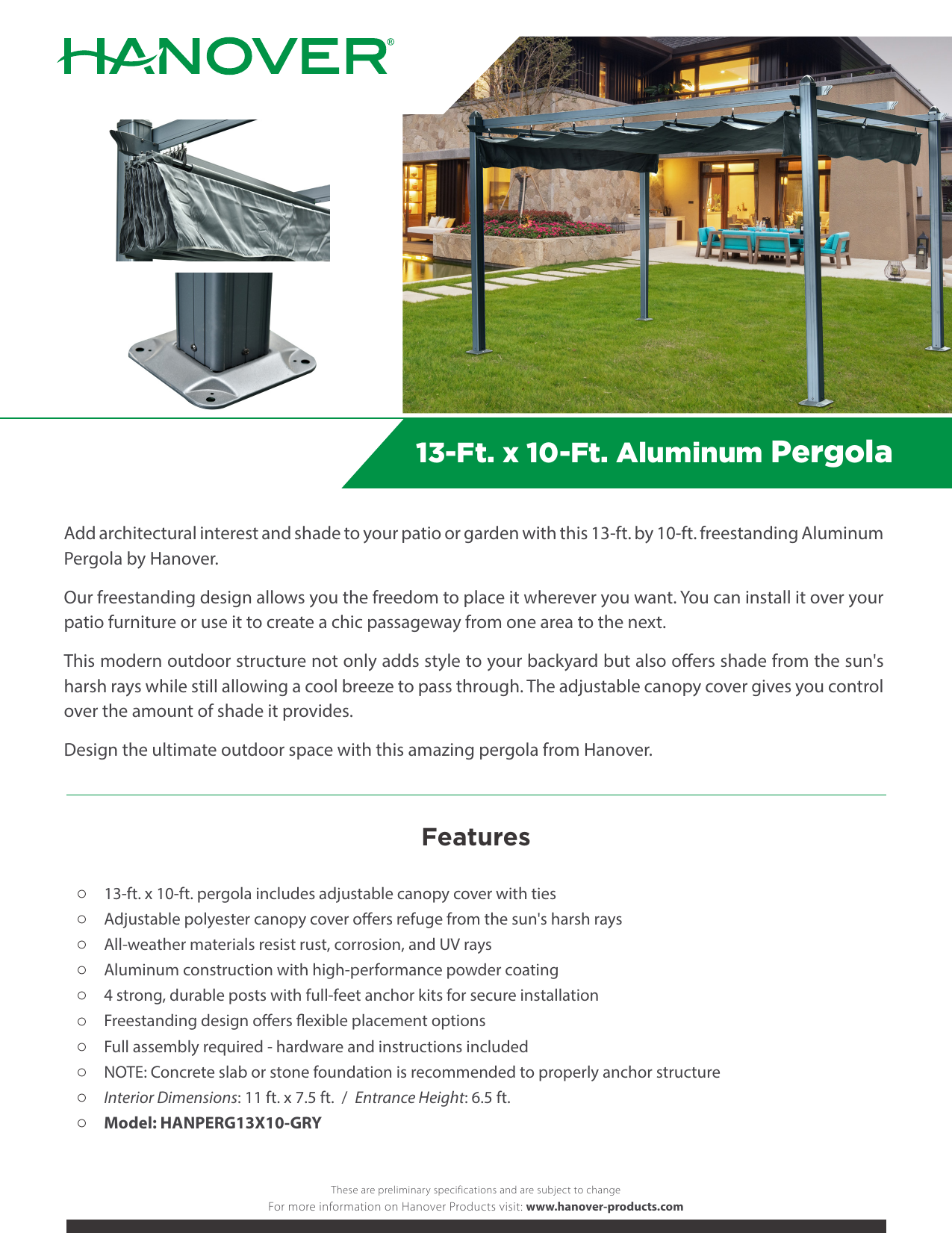 adjustable shade pergola 8 x 8 on Hanover Hanperg13x10 Gry Operating Instructions Manualzz