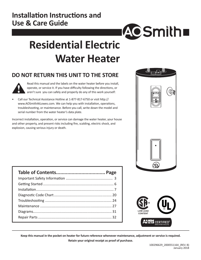 A.O. Smith EG12-50H55DV User guide | Manualzz