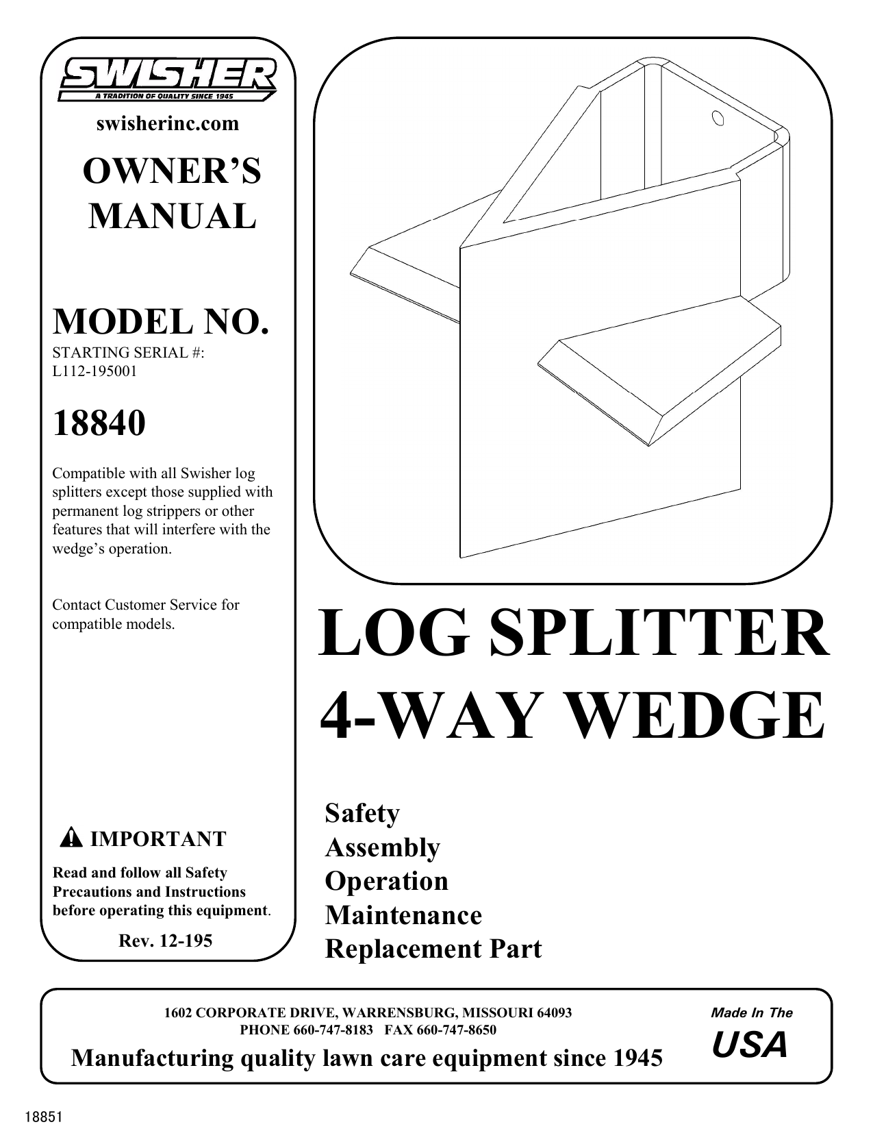 Swisher 18840 Series 4-Way Log Splitter Wedge Use and Care Guide | Manualzz