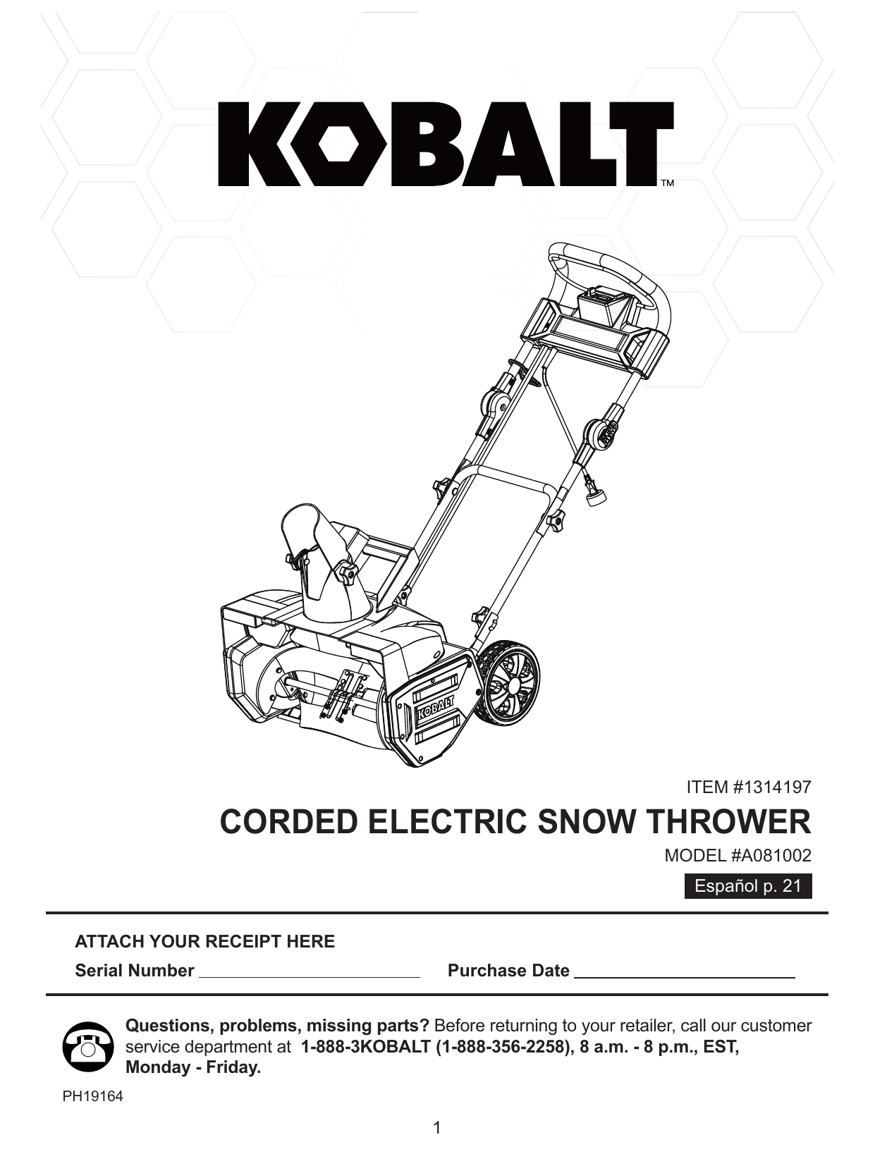 Kobalt A081002 15Amp 21in Corded Electric Snow Blower Operating Guide