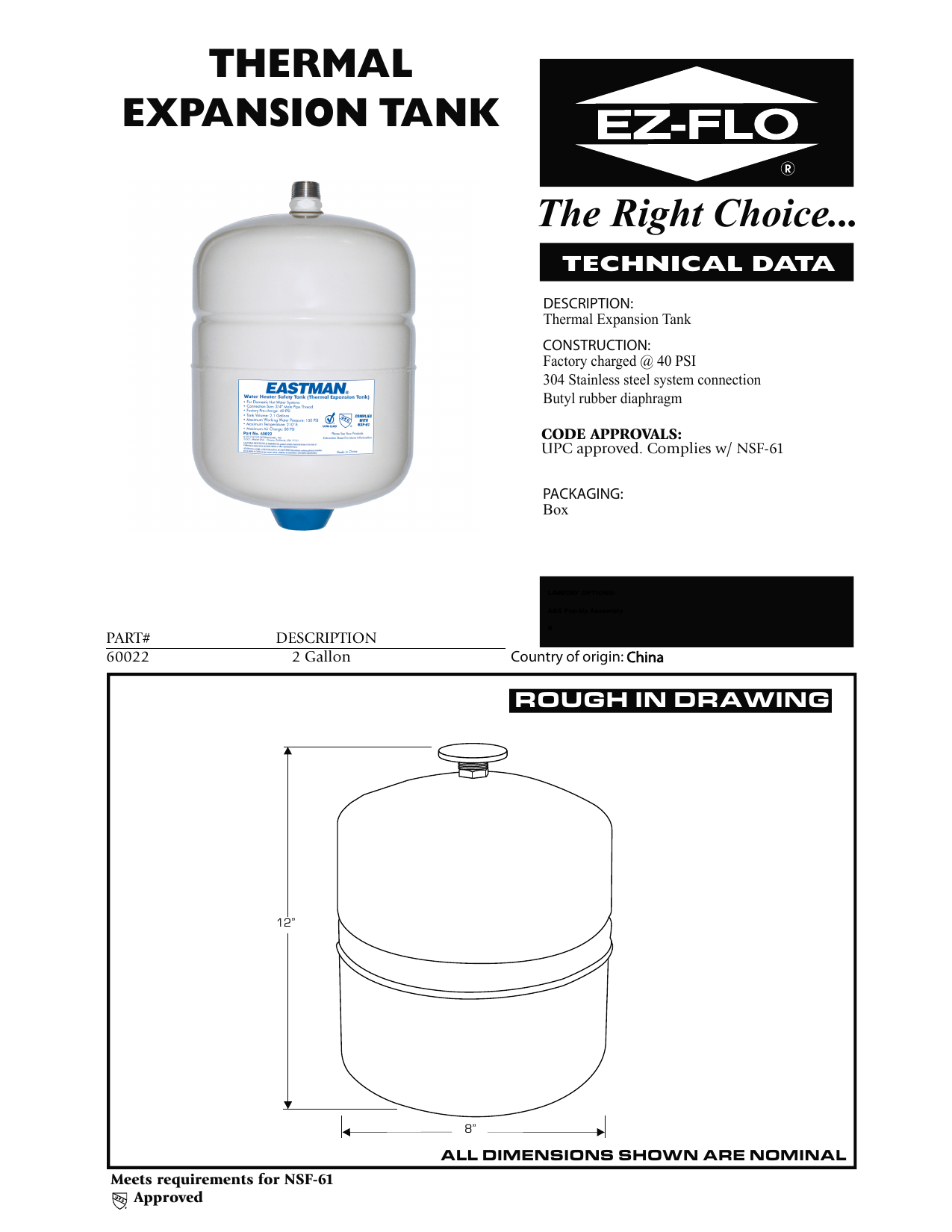 EASTMAN 60022 Thermal Expansion Tank 2-Gallon Universal Steel Water Heater  Pressure Regulator Installation Guide | Manualzz