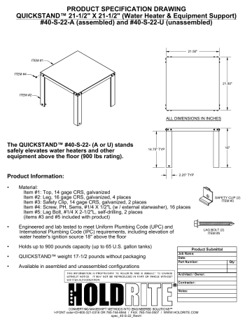 HoldRite QuickStand 22 Inch Water Heater Stand, Up to 52 Gallons,  Unassembled, 40-S-22-U 