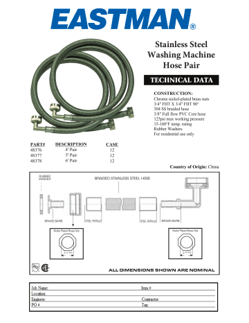 EASTMAN 48378 6-ft L 3/4-in FHT Inlet x 3/4-in Outlet Braided Stainless Steel Washing Machine Connector Installation Guide | Manualzz