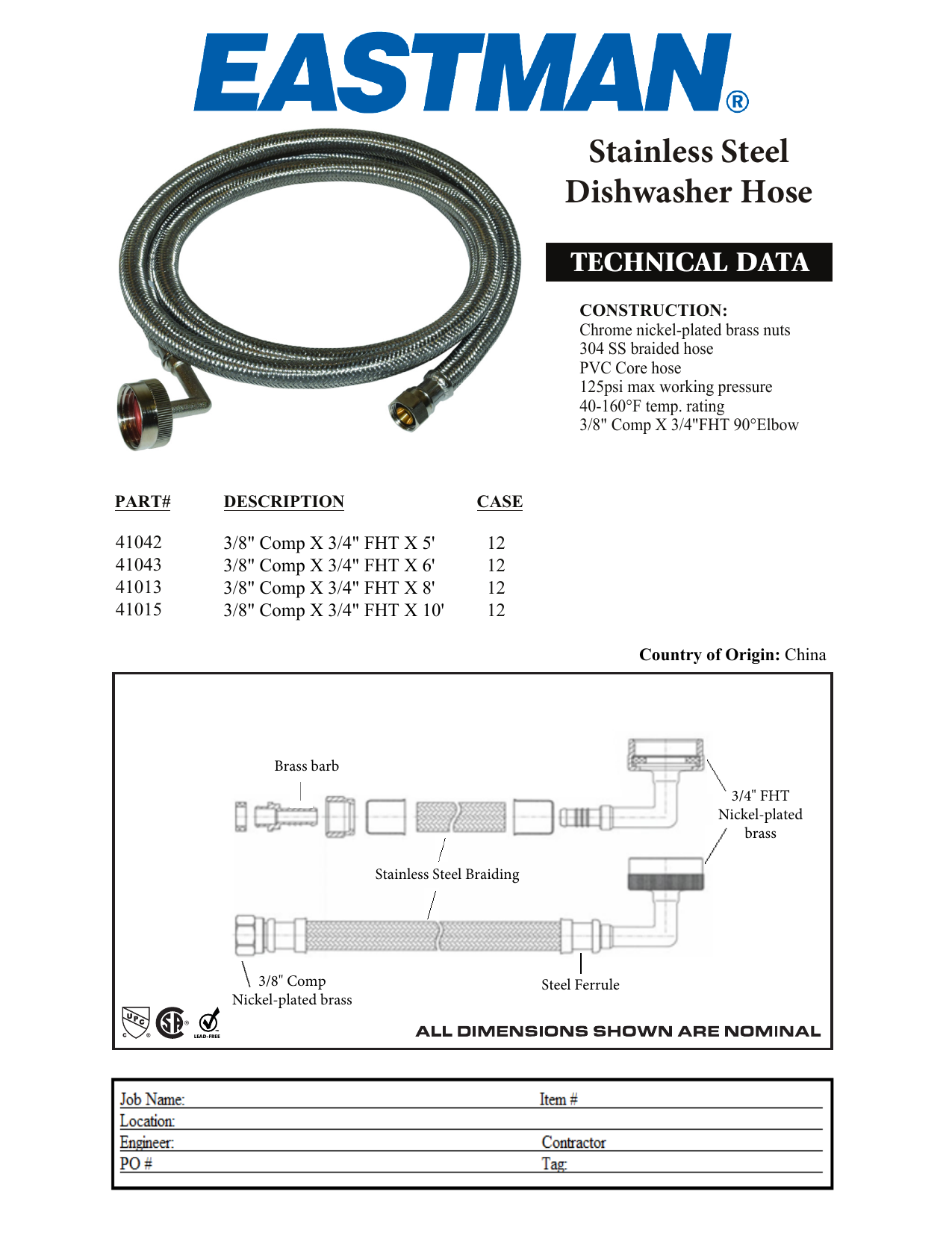 Eastman 41042 Stainless-Steel Dishwasher Hose 