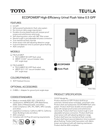 Toto Teu1la12 Cp Ecopower High Efficiency Urinal Flush Valve 0 5 Gpf Dimensions Guide Manualzz