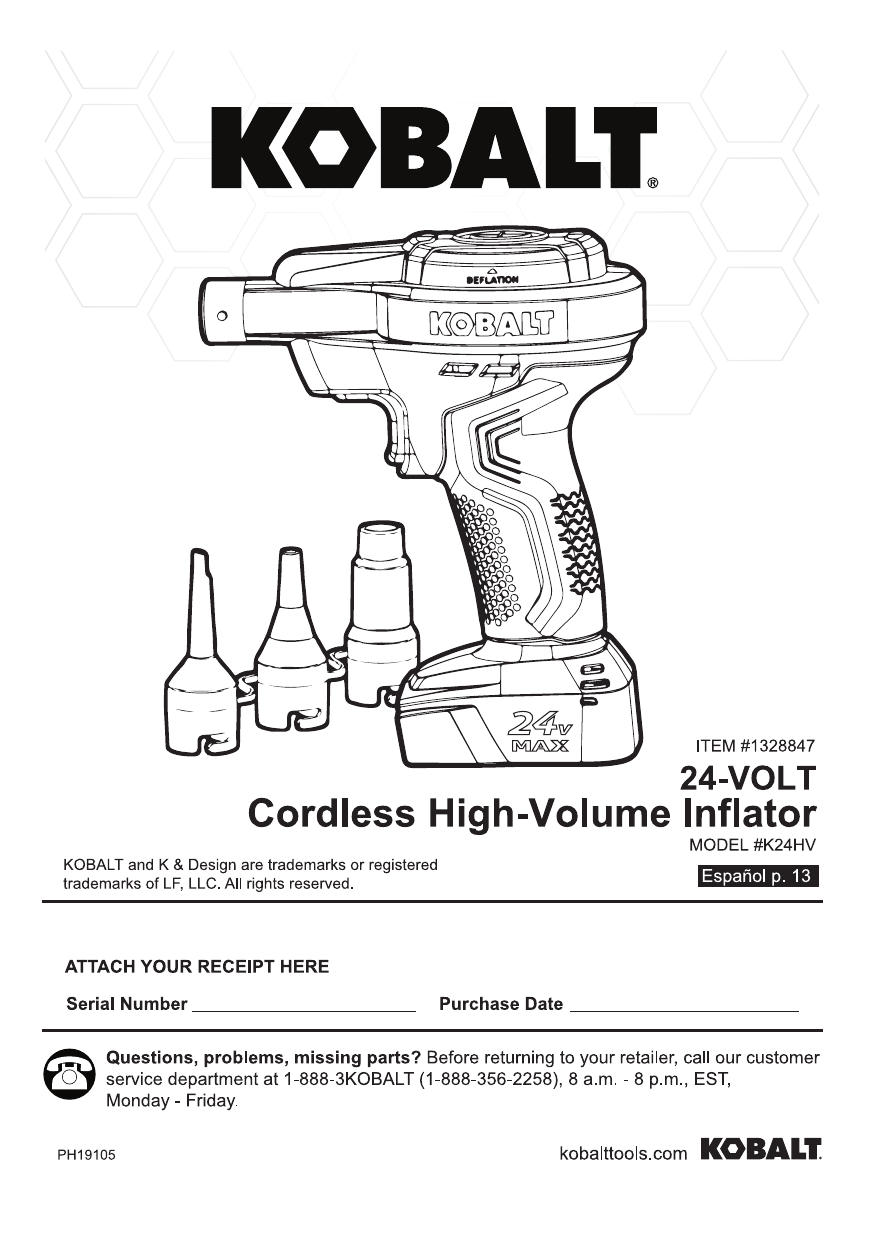 Kobalt K24HV 24V Cordless High Volume Inflator 24 Volt Lithium Ion