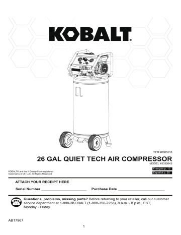 Kobalt 3332644 QUIET TECH 26-Gallon Single Stage Portable Electric Vertical Air Compressor Operating instructions | Manualzz