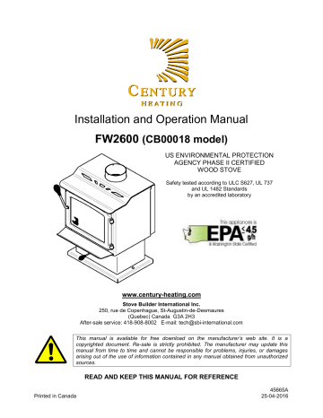 Century FW2600 WOOD STOVE Installation and Operation Manual | Manualzz