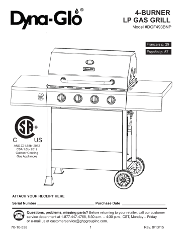 Dyna-Glo DGF493BNP 4-Burner Propane Gas Grill Manual | Manualzz