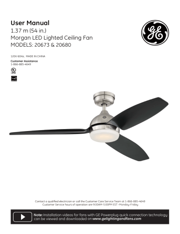 GE Morgan 54 in. LED Indoor/Outdoor Brushed Nickel Ceiling Fan installation Guide | Manualzz