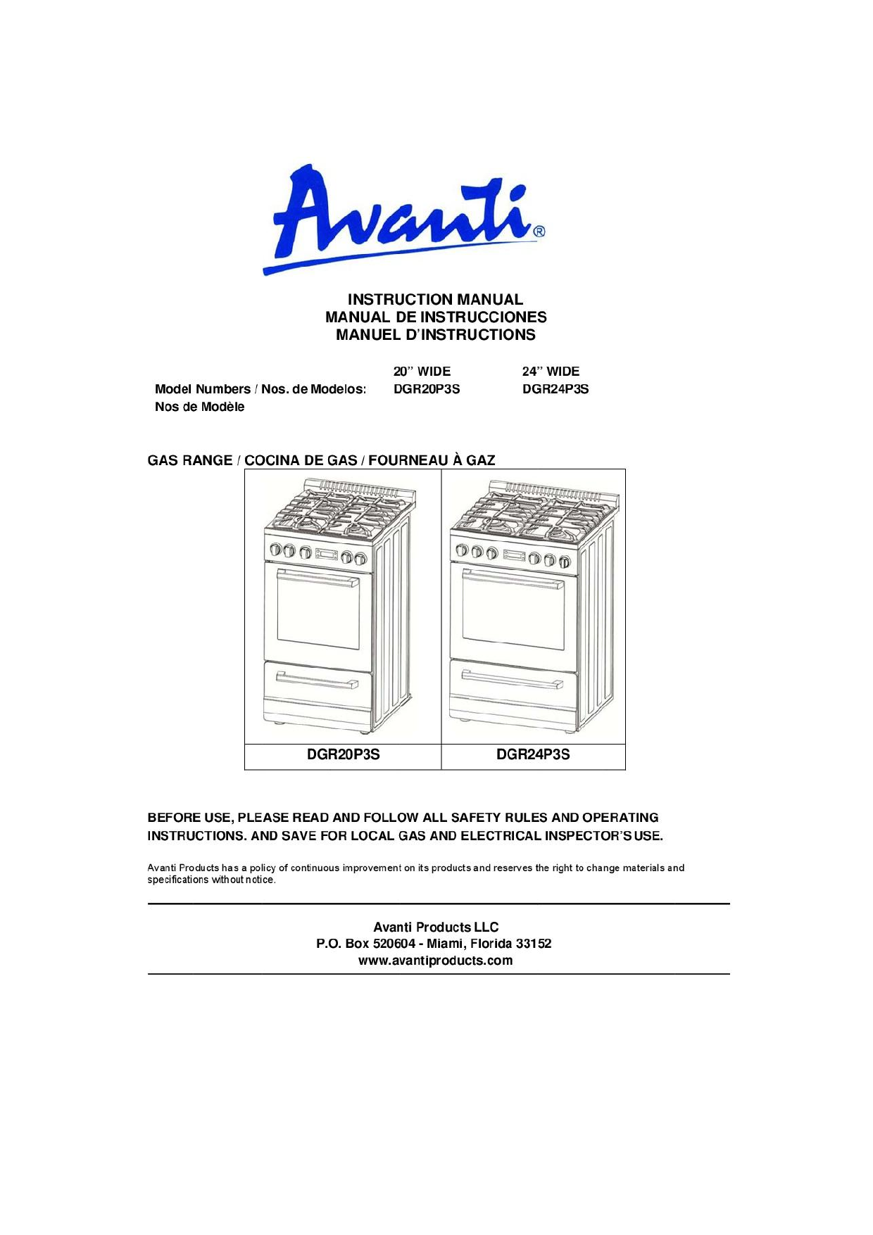 Avanti Elite Series 20 in. 2.1 cu. ft. Gas Range Manual