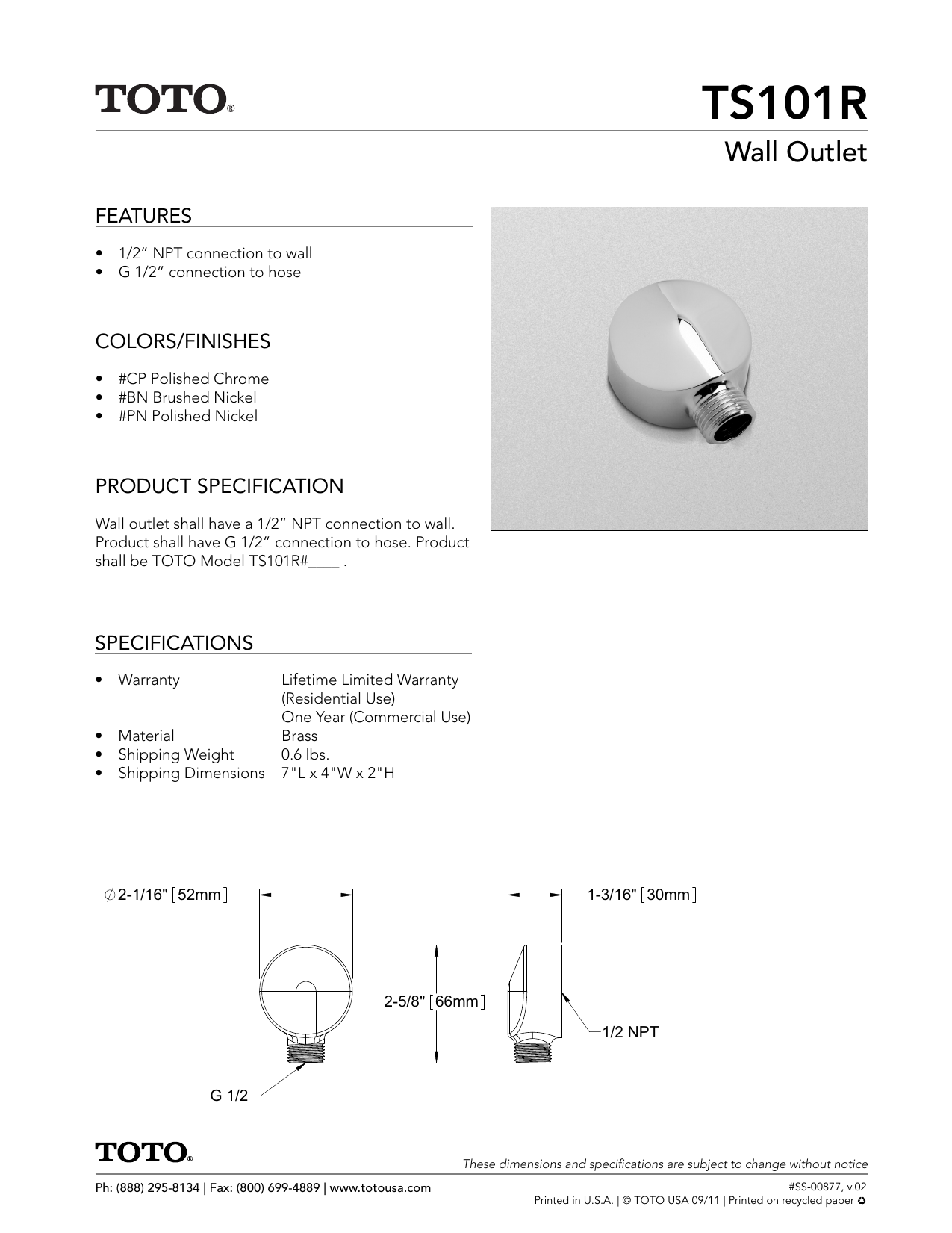 Brushed Nickel Toto TS101R#BN Wall Outlet