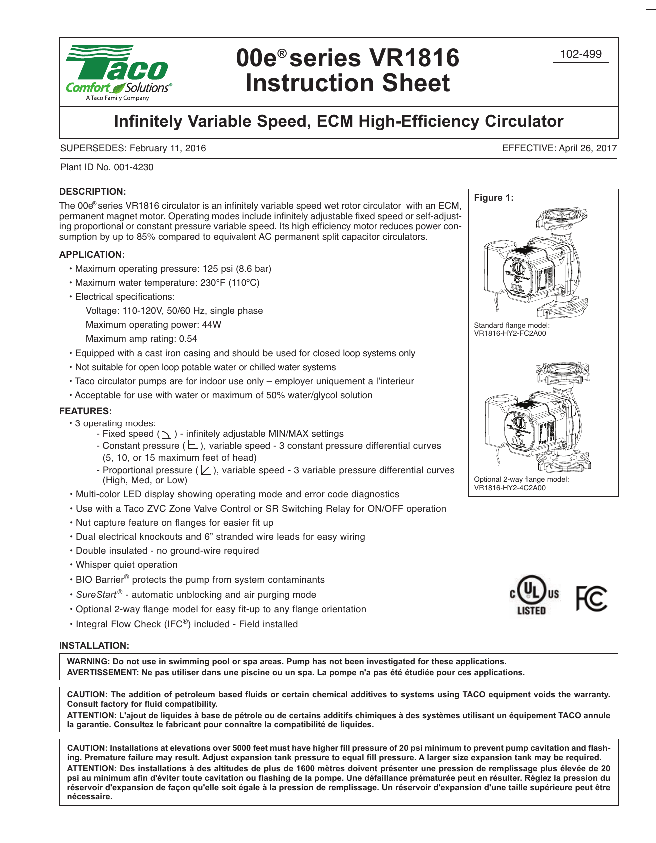 Taco Comfort Solutions Vr1816hy2fc2a00 00e Series Variable Speed Ecm High Efficiency Circulator Pump Instructions Assembly Manualzz