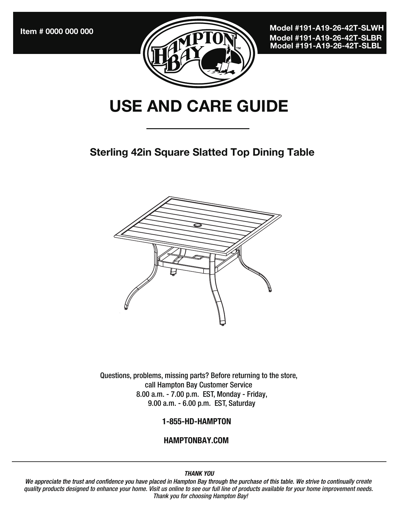 Hampton Bay 191a192642tslwh Commercial Aluminum 42 In Square Outdoor Slat Top Dining Table In White Instructions Assembly Manualzz