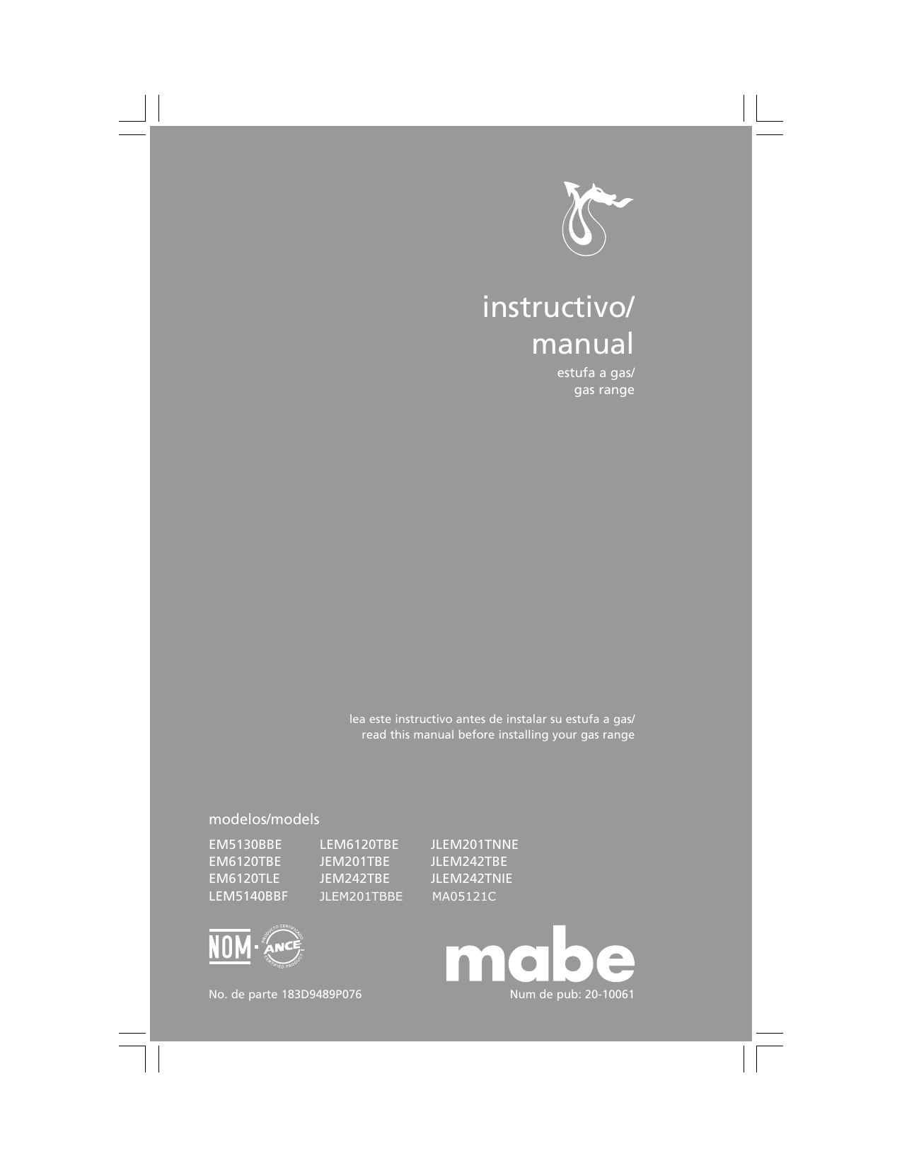 Mabe JMA05121CE 20 in. 2.4 cu. ft. Single Oven Gas Range in Graphite Full  Product Manual | Manualzz