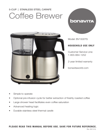 Bonavita 5 Cup Stainless Steel Carafe Coffee Maker BV1500TD READ