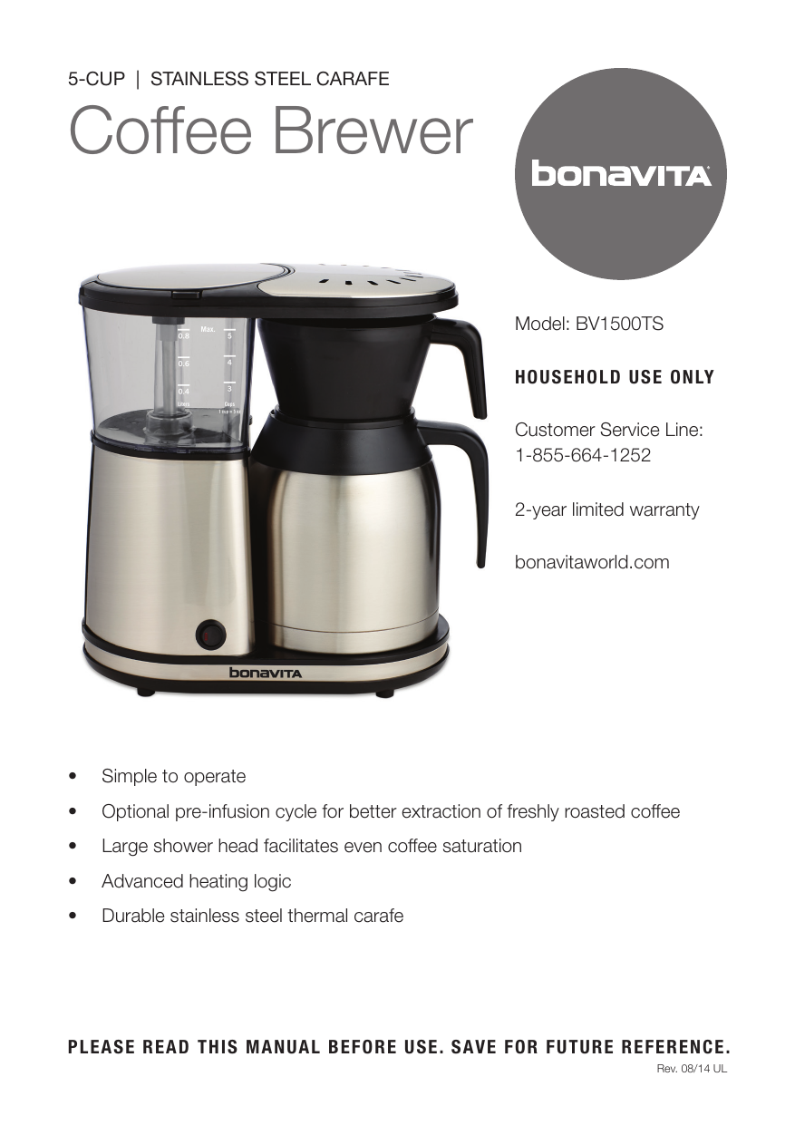 Bonavita BV1500TS 5-Cup Stainless Steel Lined Carafe Coffee Brewer