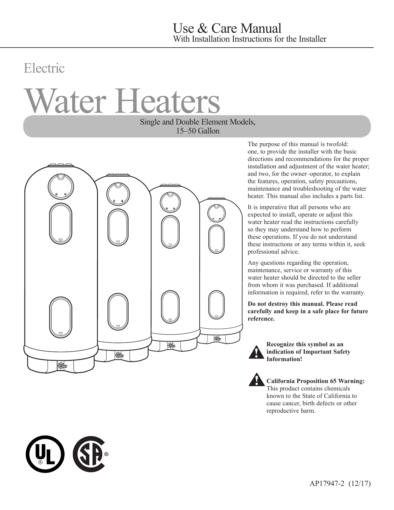 Rheem MR40245 Marathon 40 Gal. Tall 4500/4500-Watt Elements Non Metallic  Lifetime Electric Tank Water Heater Instructions / Assembly | Manualzz