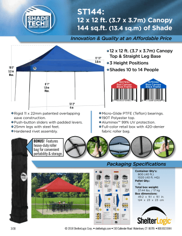 Shade Tech 167504DS ST144 12 ft. x 12 ft. Blue Straight Leg Canopy Product Brochure | Manualzz