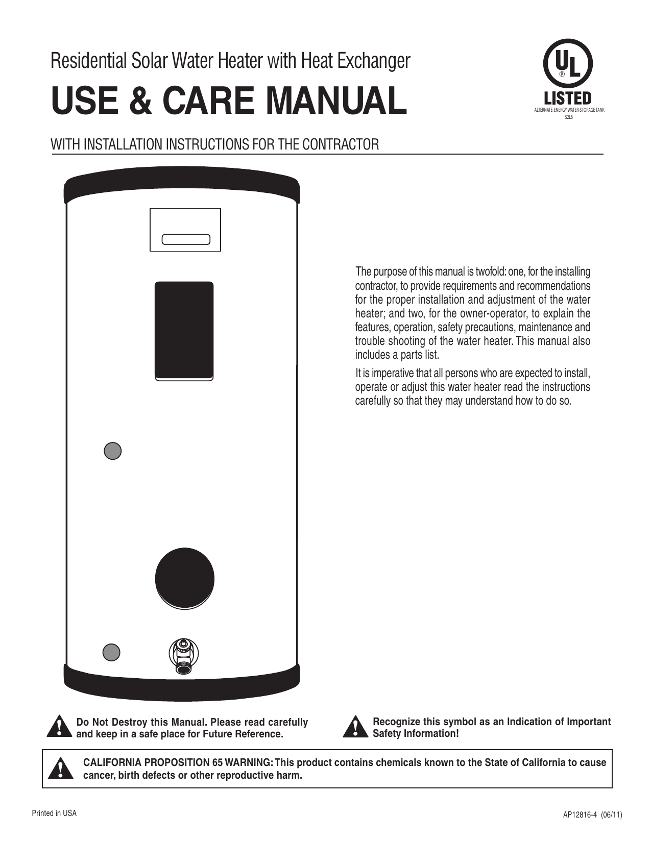Richmond S120HE-1 120-Gal. Tall 6 Year 4500-Watt SE Heat Exchanger Solar  Side Connect Electric Water Heater Instructions / Assembly | Manualzz