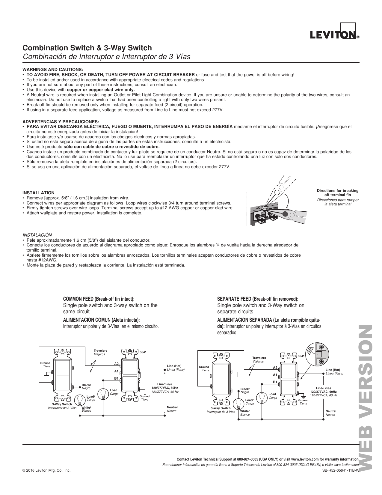 Leviton 5641-IS Decora 15 Amp 3-Way AC Combination Switch, Ivory  Instructions / Assembly | Manualzz  Leviton Decora 3 Way Switch Wiring Diagram 5643    Manualzz