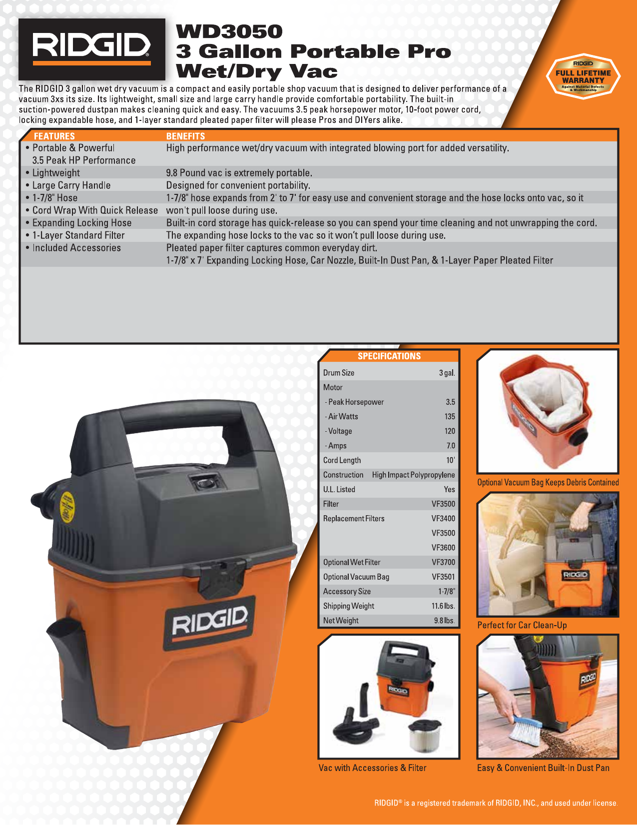 RIDGID 3 Gal. 3.5-Peak HP Portable Wet/Dry Shop Vacuum Specification