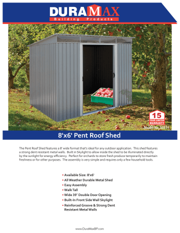 Duramax Building Products Pent Roof 8 ft. x 6 ft. Light Gray Metal Shed Specification | Manualzz