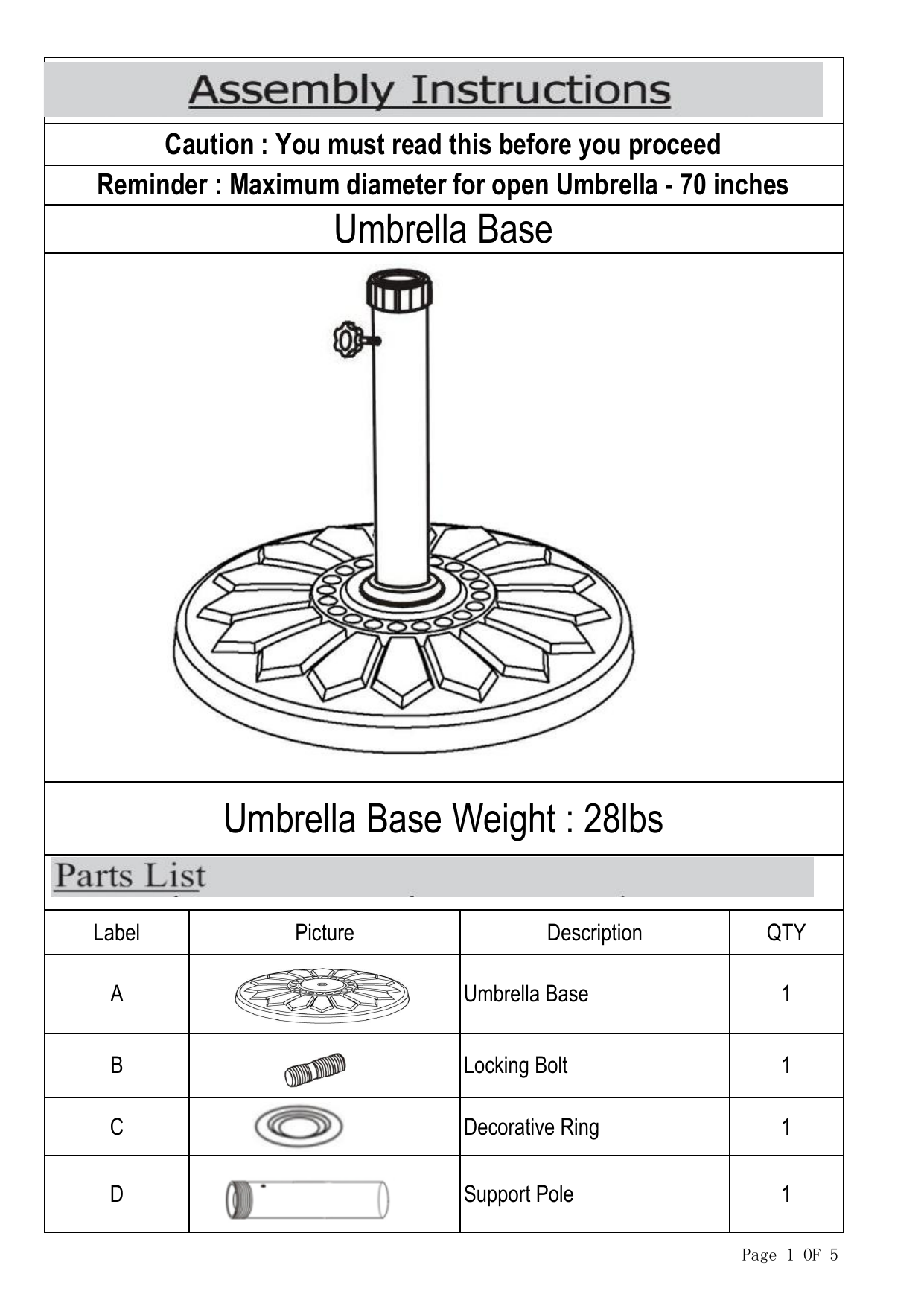 Noble House 300419 Livia 28 Lbs Steel Patio Umbrella Base In Black Instructions Assembly Manualzz