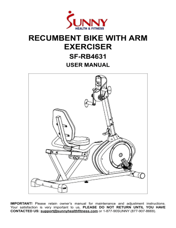 Sunny Health & Fitness Recumbent Bike User Guide | Manualzz