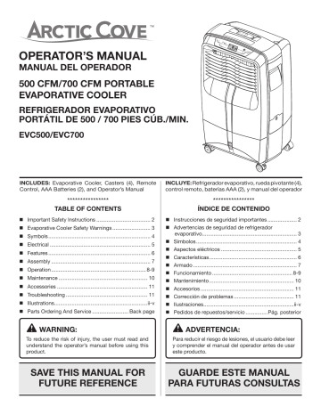 Arctic Cove Evc701 700 Cfm 4 Speed Portable Evaporative Cooler For 500 Sq Ft Use And Care Manual Manualzz