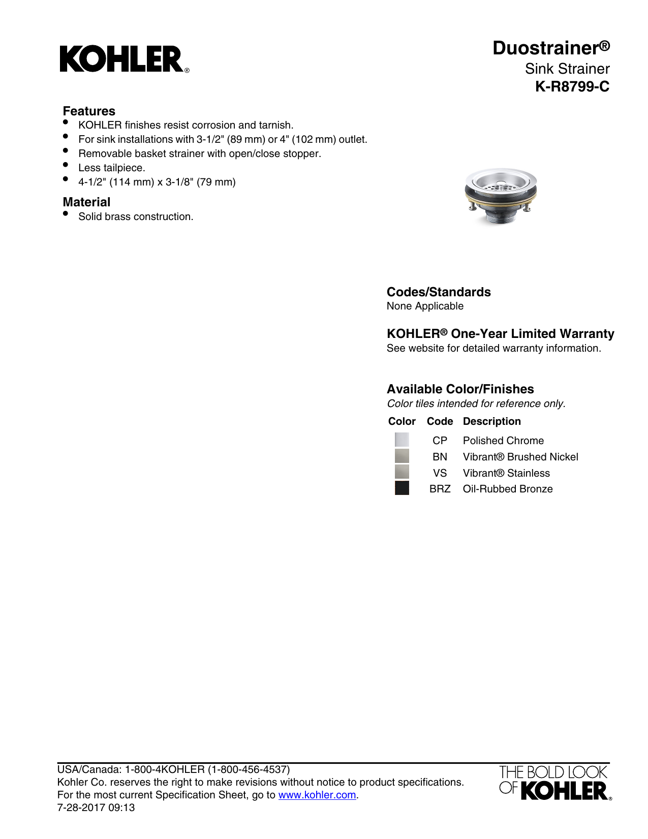 KOHLER K-R8799-C-VS Duostrainer 4-1/2 in. Sink Strainer in Vibrant 