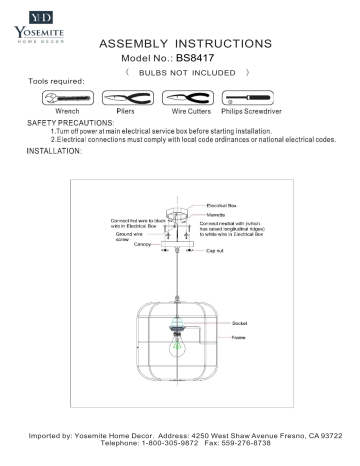 Yosemite Home Decor BS8417 Hakissa 1-Light Black Pendant Instructions