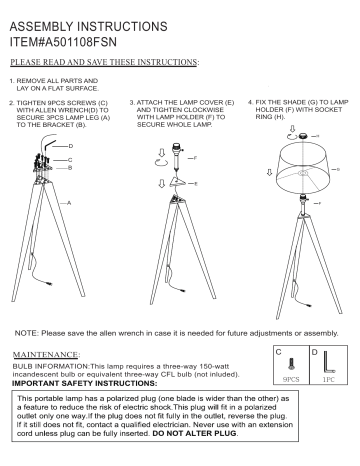 Artiva A501108fsn 63 In Brushed Nickel Tripod Floor Lamp Instructions Assembly Manualzz Artiva A501108fsn 63 In Brushed Nickel, Floor Lamp Assembly Instructions