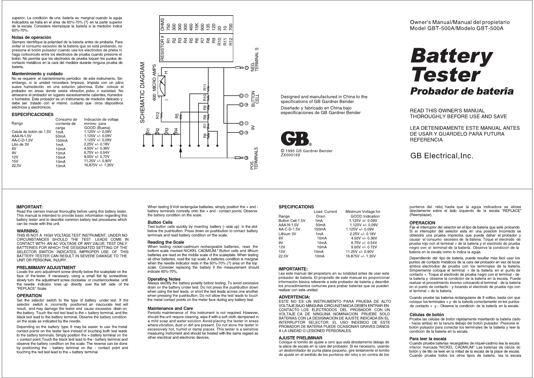 Gardner Bender GBT-500A Analog Battery Tester for 1.5 V Button Cell/22.5...