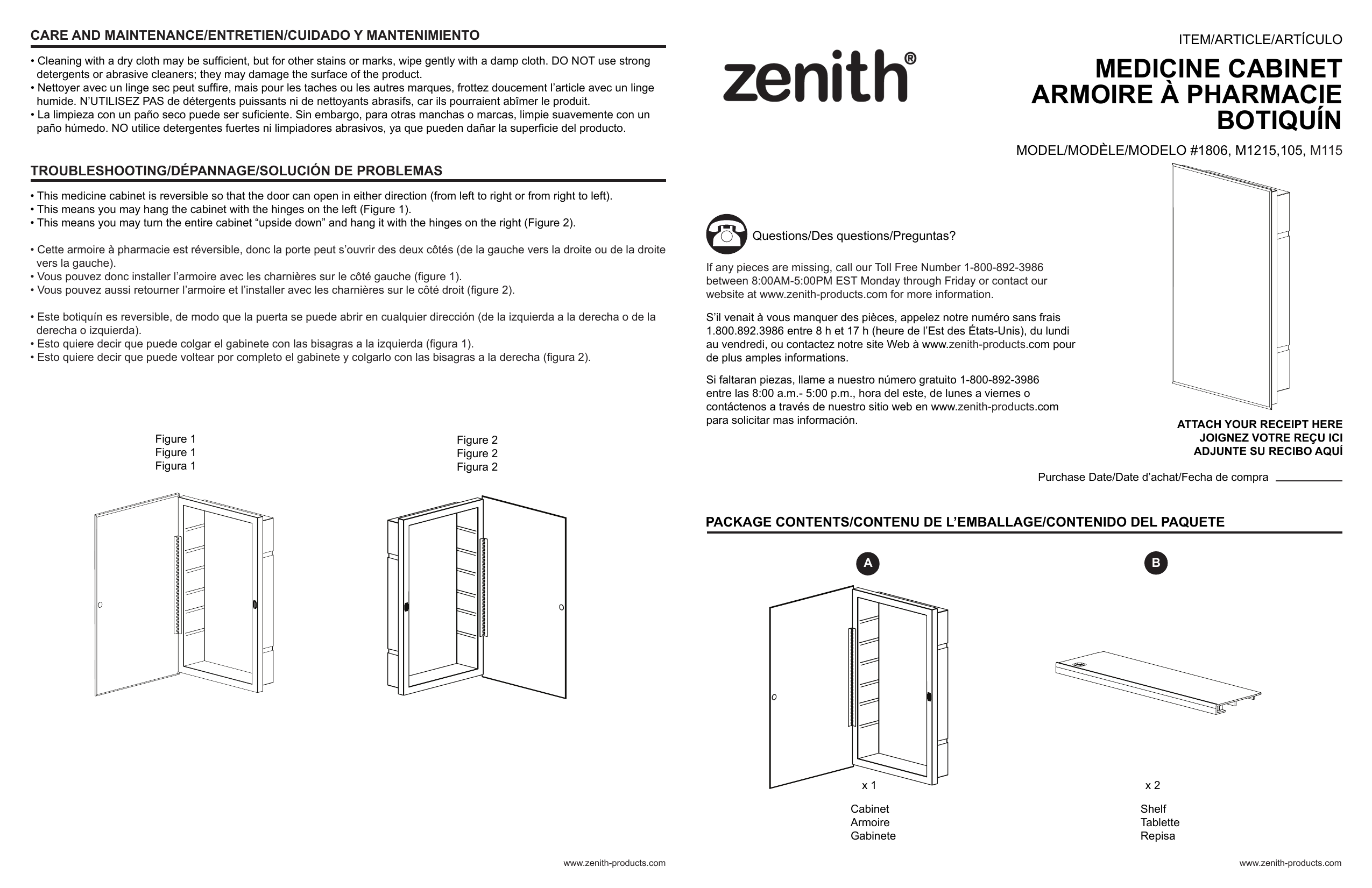 Zenith Frameless Beveled over-the-Mirror Rectangle Corner Medicine Cabinet,  14.25 x 36, White 