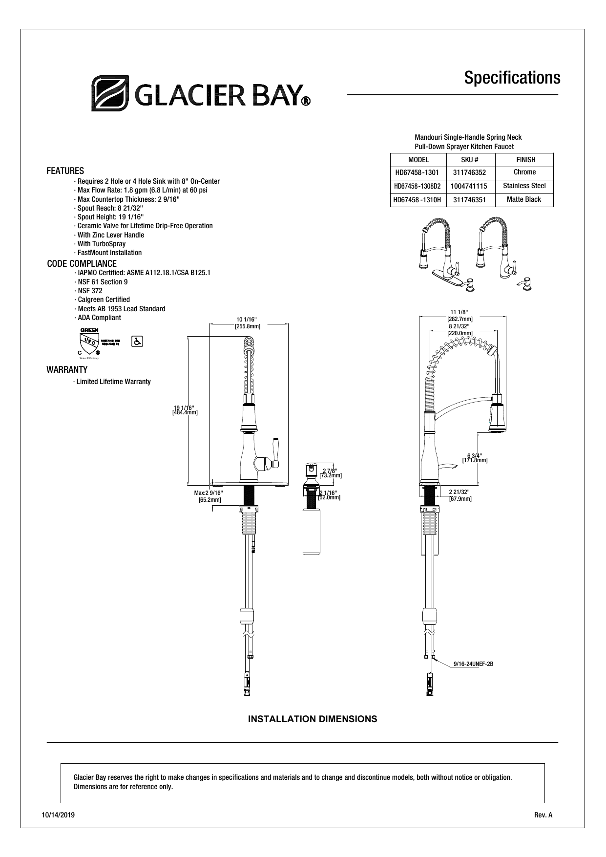 Glacier Bay HD67458 1310H Specification Manualzz