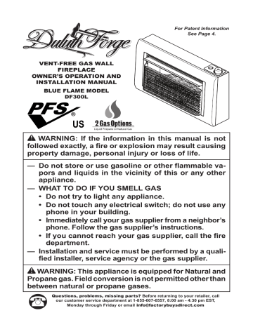 Duluth Forge 170108 Dual Fuel Ventless Gas Fireplace - 32,000 BTU, Remote Control, Auburn Cherry Finish Owner's Operation And Installation Manual | Manualzz